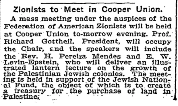 Zionists to Meet in Cooper Union &mdash; The New York Times, 25 March 1903