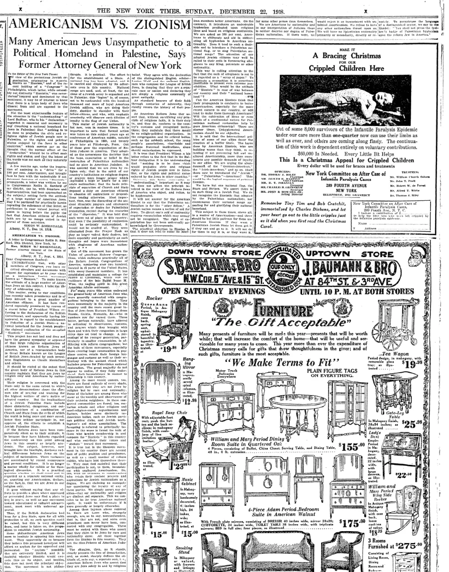 Many American Jews Unsympathetic to a Political Homeland in Palestine, Says Former Attorney General of New York &mdash; The New York Times, 22 December 1918