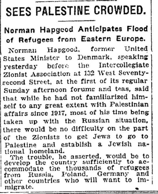 Sees Palestine Crowded &mdash; The New York Times, 15 March 1920