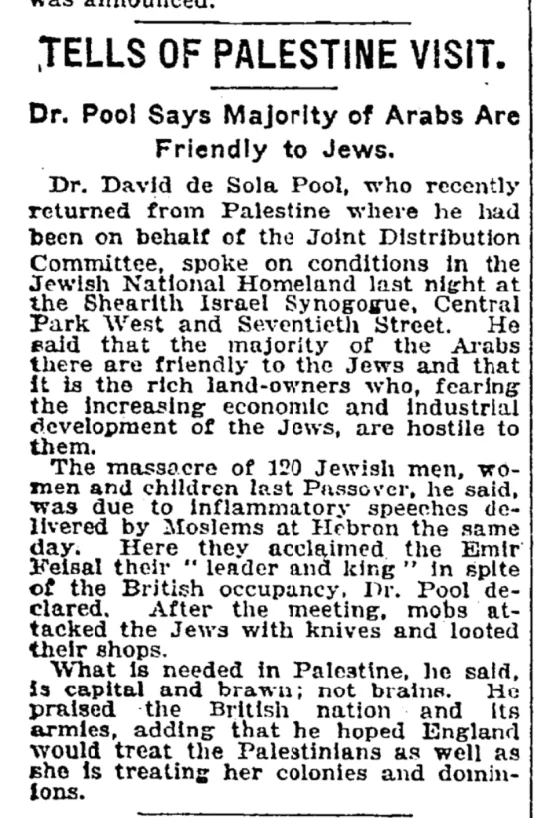 Tells of Palestine Visit &mdash; The New York Times, 20 June 1920