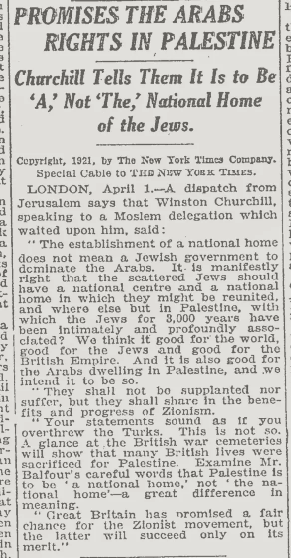 PROMISES THE ARABS RIGHTS IN PALESTINE — The New York Times, 2 April 1921