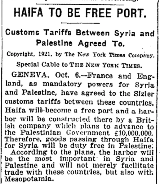 Haifa to Be Free Port &mdash; The New York Times, 7 October 1921