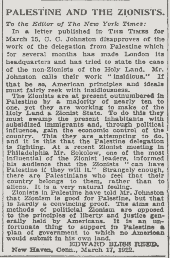 Palestine and the Zionists &mdash; The New York Times, 16 April 1922