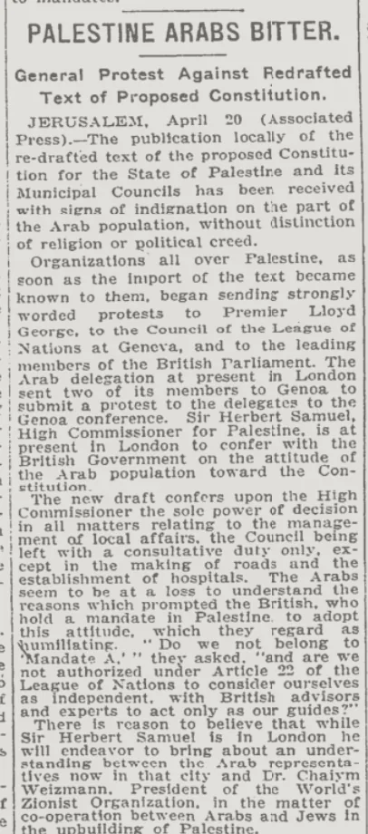 PALESTINE ARABS BITTER &mdash; The New York Times, 18 May 1922