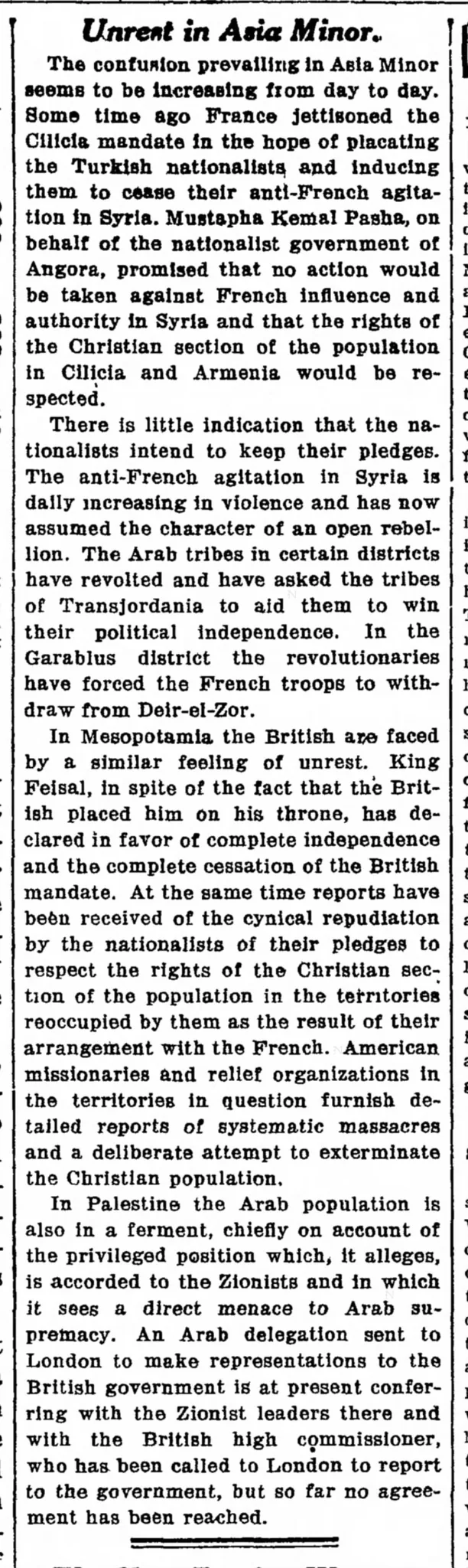 Unrest in Asia Minor &mdash; Washington Post, 23 May 1922