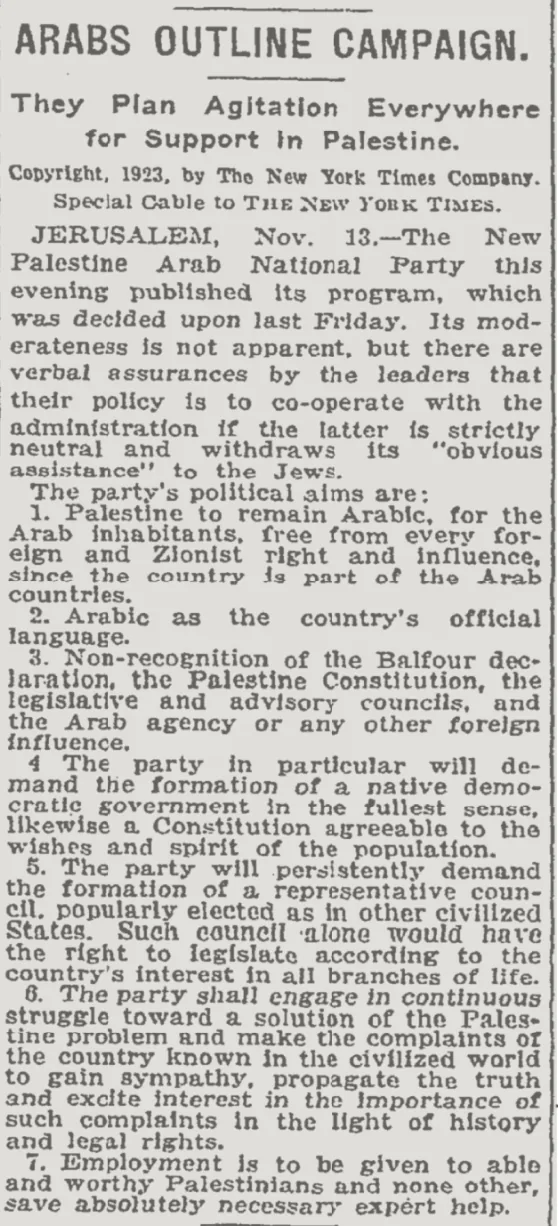 Arabs Outline Campaign &mdash; The New York Times, 14 November 1923