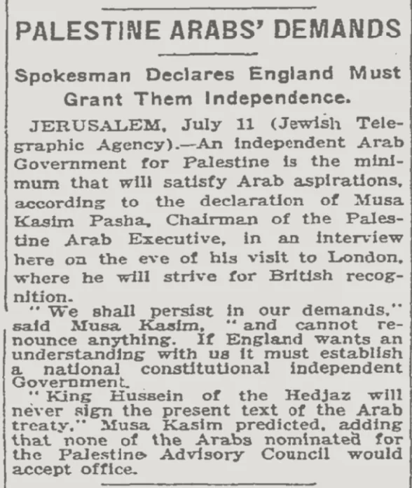 PALESTINE ARABS’ DEMANDS &mdash; The New York Times, 12 July 1923