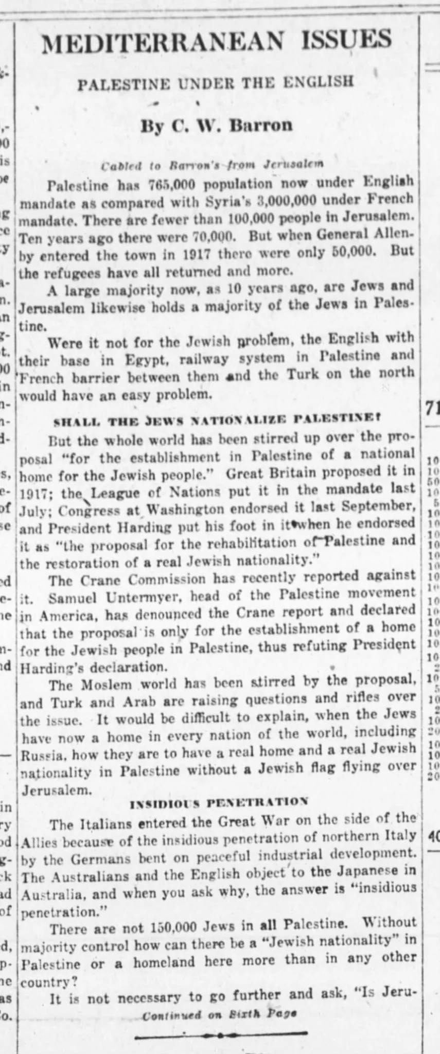 Mediterranean Issues: Palestine Under the English &mdash; Wall Street Journal, 10 April 1923