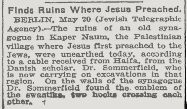 Finds Ruins Where Jesus Preached &mdash; The New York Times, 21 May 1924