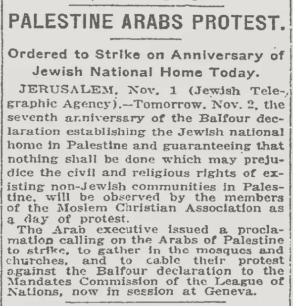 PALESTINE ARABS PROTEST &mdash; The New York Times, 2 November 1924