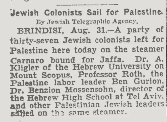 Jewish Colonists Sail for Palestine &mdash; The New York Times, 1 September 1929