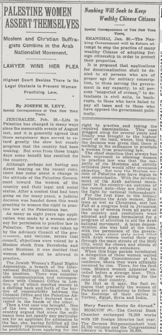 Palestine Women Assert Themselves &mdash; The New York Times, 9 March 1930
