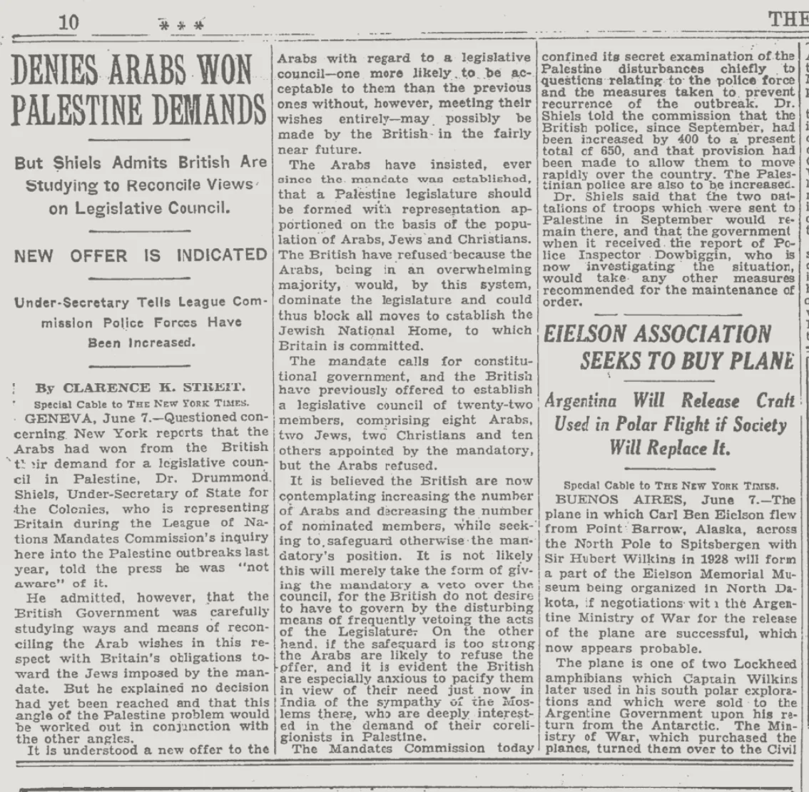 Denies Arabs Won Palestine Demands &mdash; The New York Times, 8 June 1930