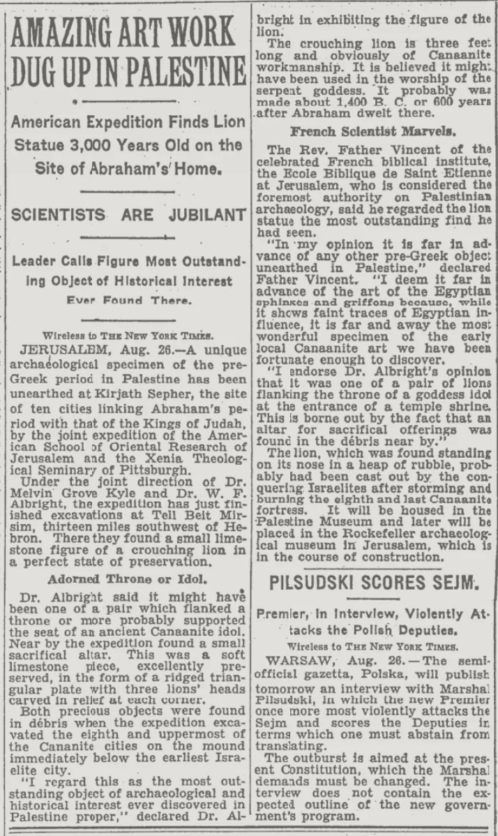Amazing Art Work Dug Up in Palestine &mdash; The New York Times, 27 August 1930