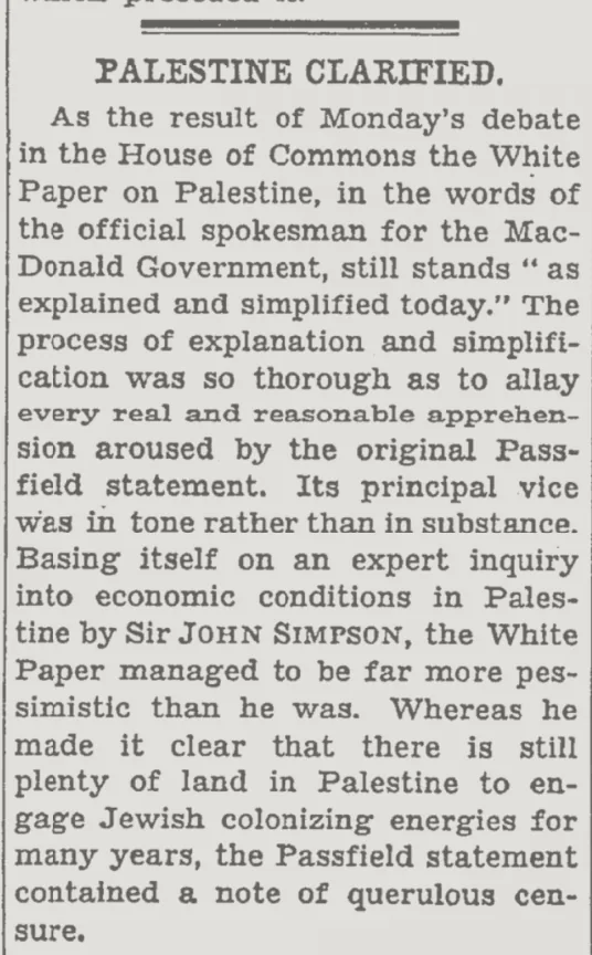 Palestine Clarified &mdash; The New York Times, 19 November 1930