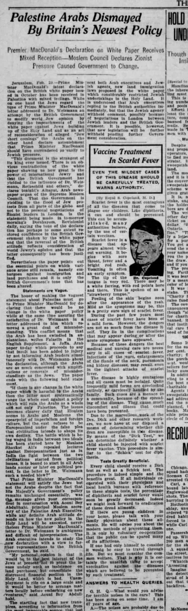 Palestine Arabs Dismayed By Britain's Newest Policy — Daily Gleaner, 21 February 1931