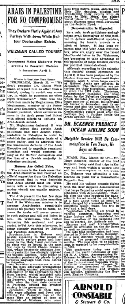 Arabs in Palestine for No Compromise &mdash; The New York Times, 23 March 1931