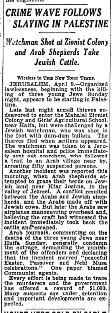 Crime Wave Follows Slaying in Palestine &mdash; The New York Times, 10 April 1931
