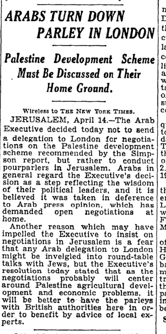 Arabs Turn Down Parley in London &mdash; The New York Times, 15 April 1931