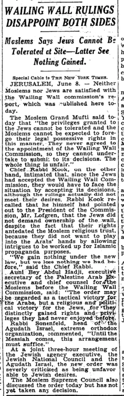 Wailing Wall Rulings Disappoint Both Sides &mdash; The New York Times, 9 June 1931