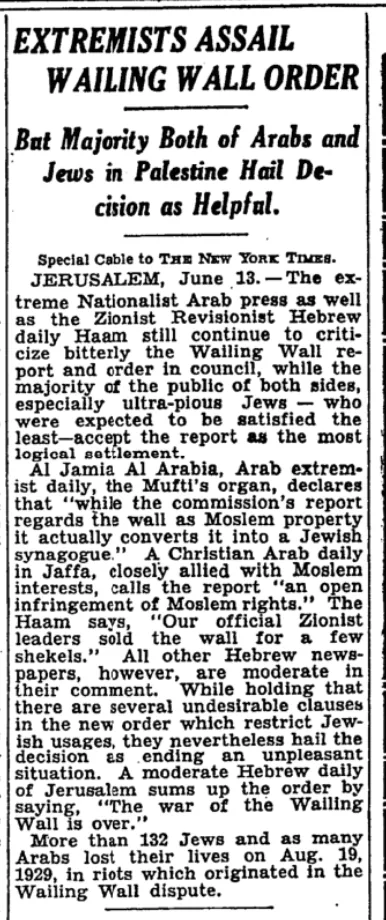 Extremists Assail Wailing Wall Order &mdash; The New York Times, 14 June 1931