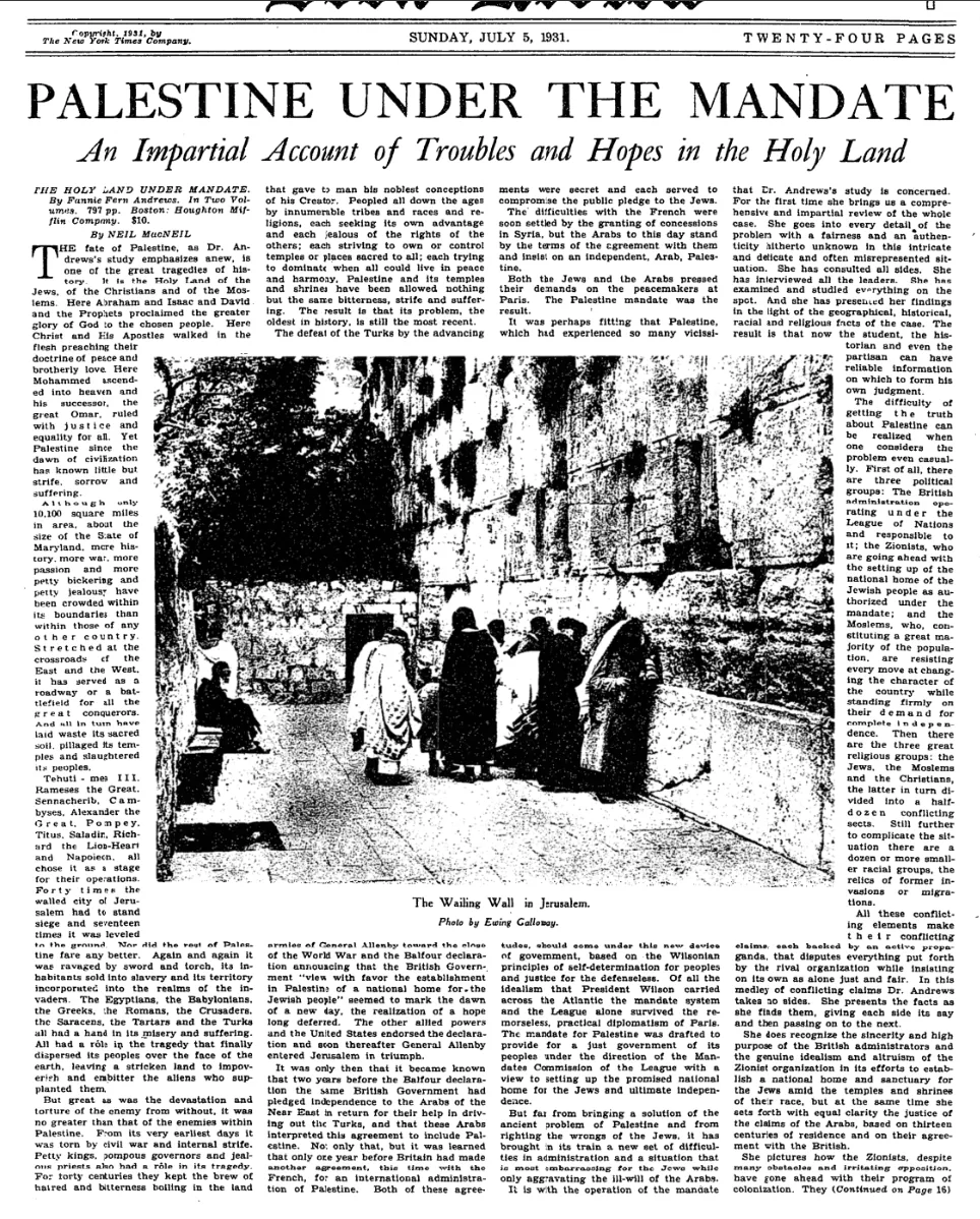 Palestine Under the Mandate &mdash; The New York Times, 5 July 1931