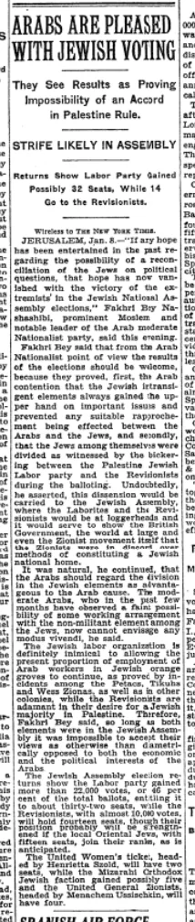 Arabs Are Pleased With Jewish Voting &mdash; The New York Times, 9 January 1931