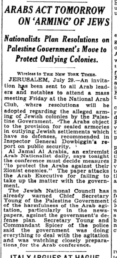 Arabs Act Tomorrow on 'Arming' of Jews &mdash; The New York Times, 30 July 1931
