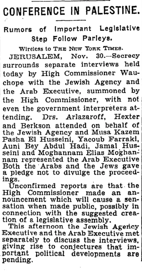 Conference in Palestine &mdash; The New York Times, 1 December 1931