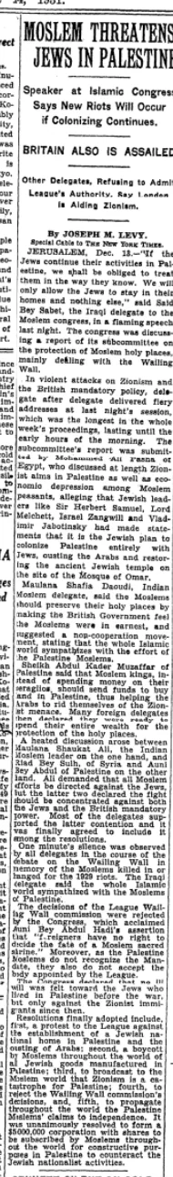 Moslem Threatens Jews in Palestine &mdash; The New York Times, 14 December 1931
