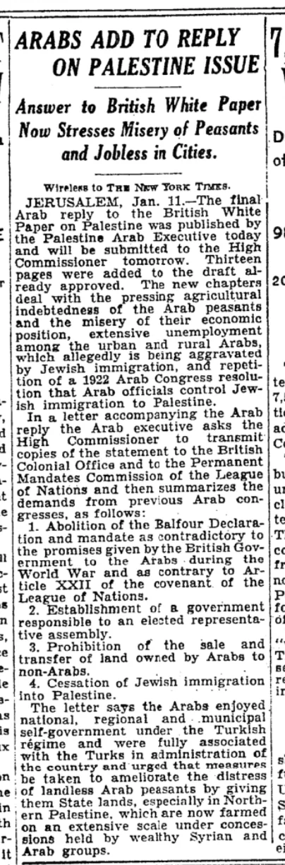 Arabs Add to Reply on Palestine Issue &mdash; The New York Times, 12 January 1931