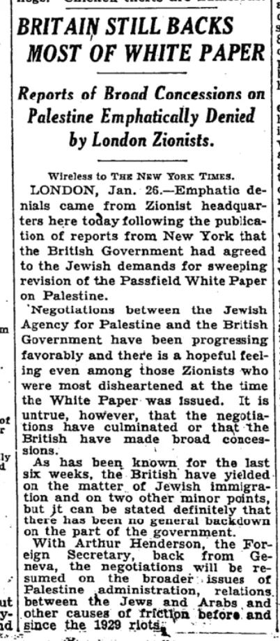 Britain Still Backs Most of White Paper &mdash; The New York Times, 27 January 1931