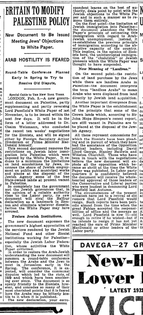 Britain to Modify the White Paper &mdash; The New York Times, 6 February 1931