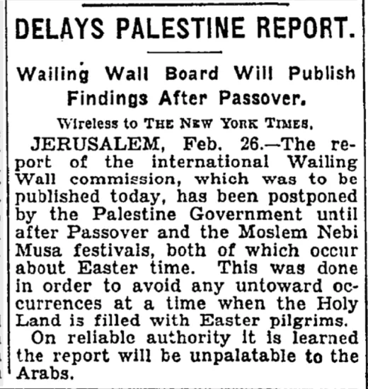 Delays Palestine Report — The New York Times, 27 February 1931