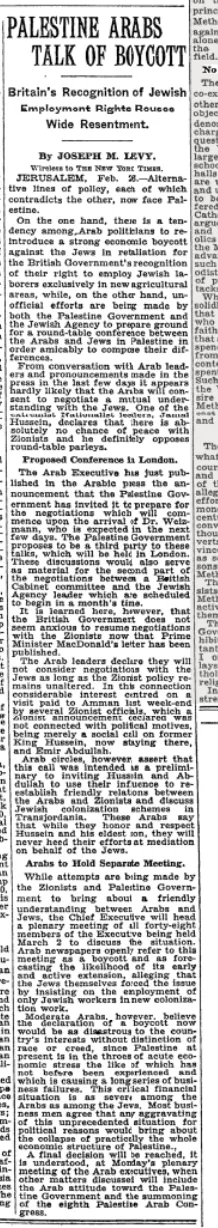 Palestine Arabs Talk of Boycott &mdash; The New York Times, 1 March 1931