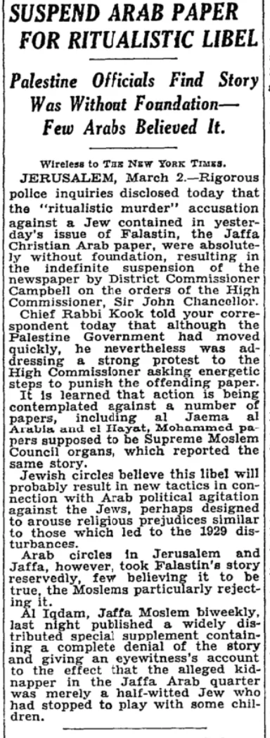 Suspend Arab Paper for Ritualistic Libel &mdash; The New York Times, 3 March 1931