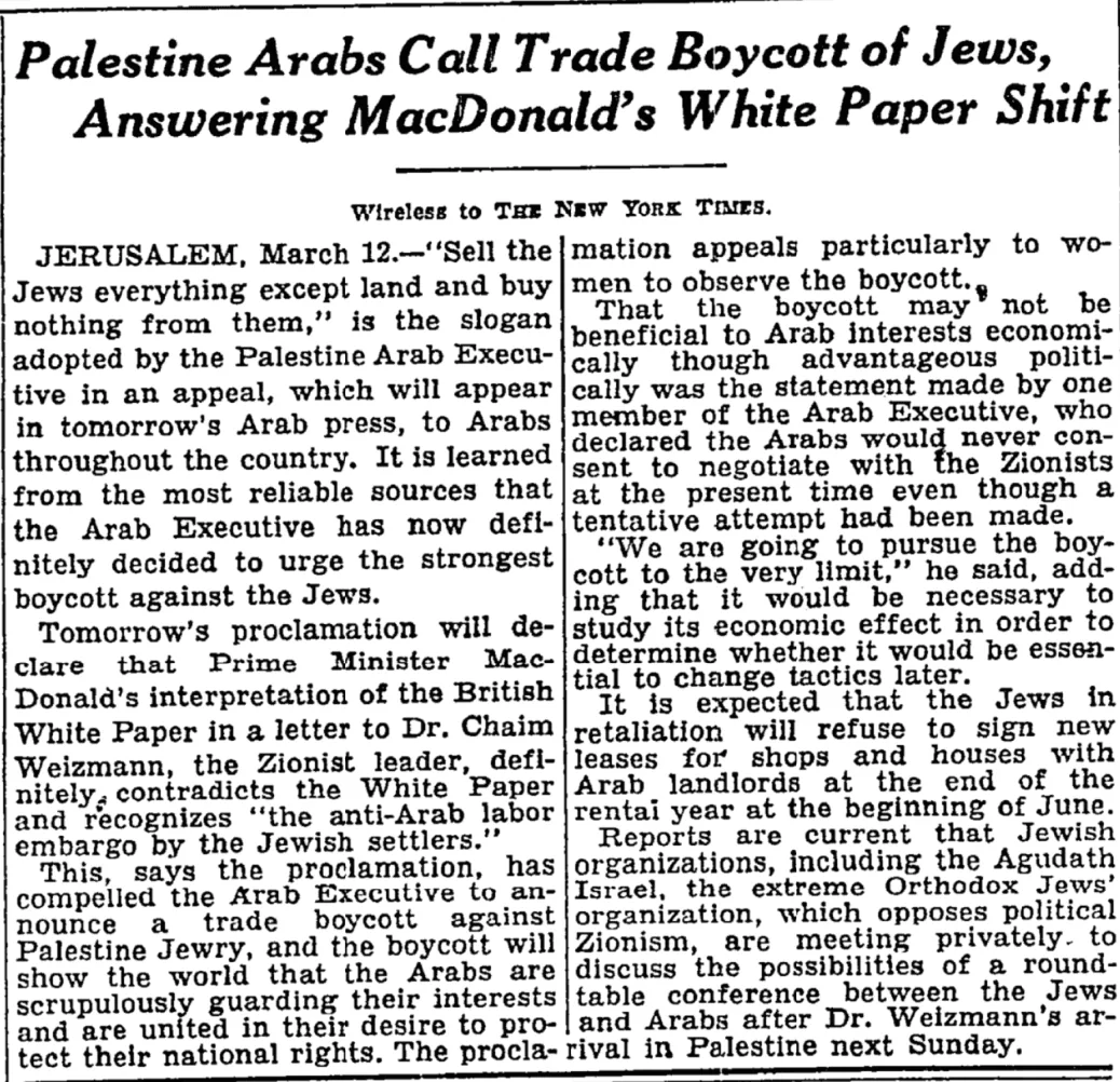 Palestine Arabs Call Trade Boycott of Jews &mdash; The New York Times, 13 March 1931
