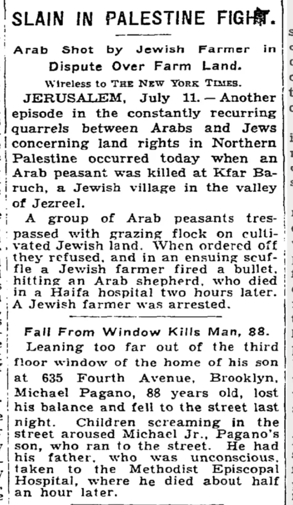 Slain in Palestine Fight &mdash; The New York Times, 12 July 1932