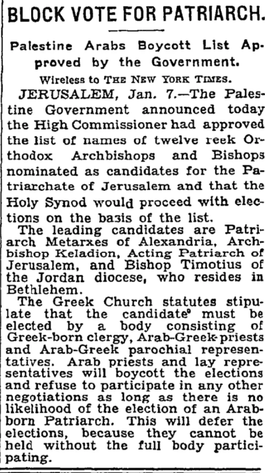 Palestine Arabs Boycott List Approved — The New York Times, 8 January 1932