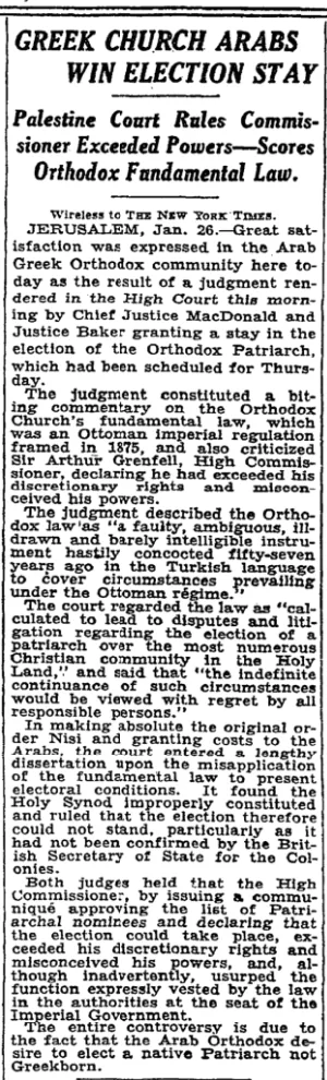 Greek Church Arabs Win Election Stay &mdash; The New York Times, 27 January 1932