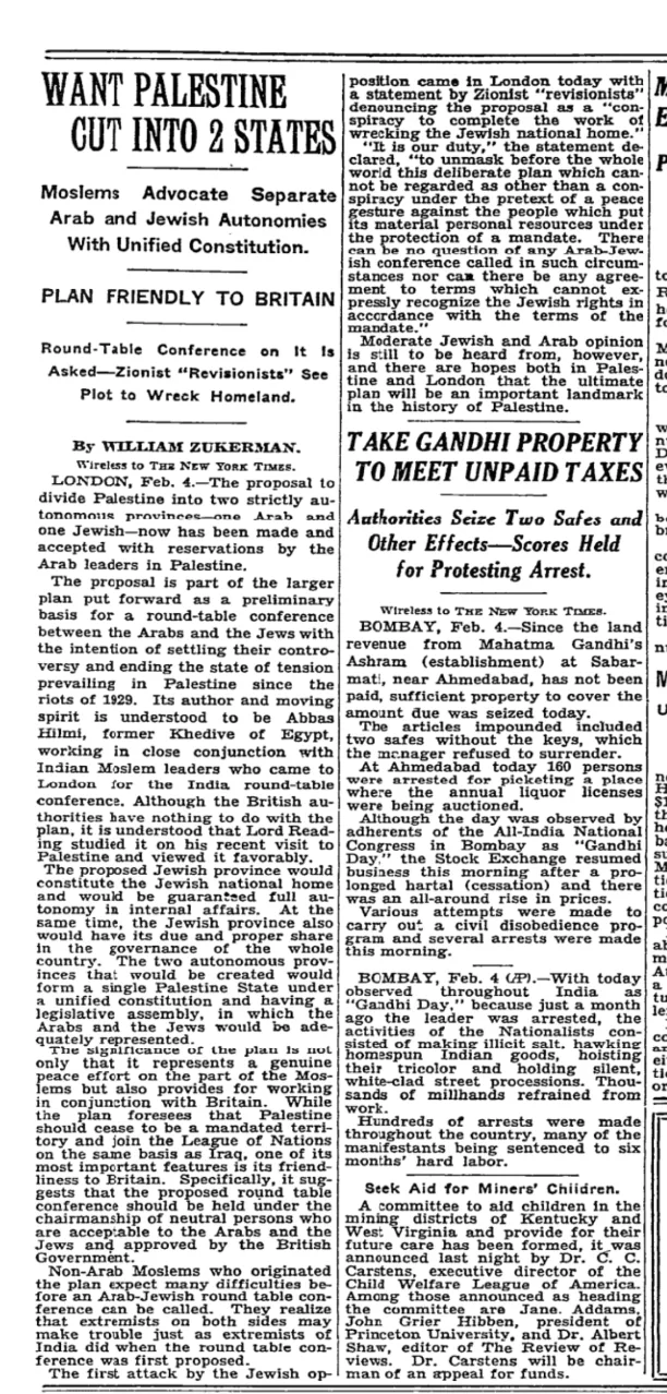 Zionist Revisionists Denounce the Proposal &mdash; The New York Times, 5 February 1932