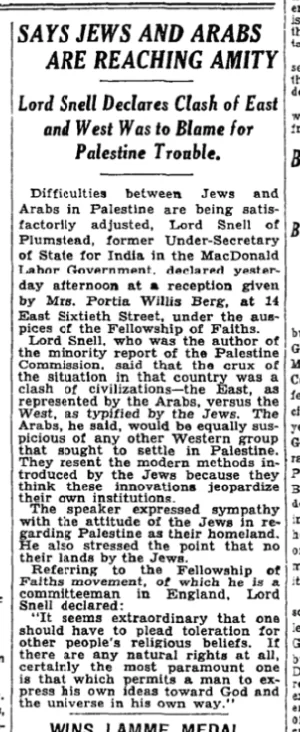Says Jews and Arabs Are Reaching Amity &mdash; The New York Times, 1 March 1932