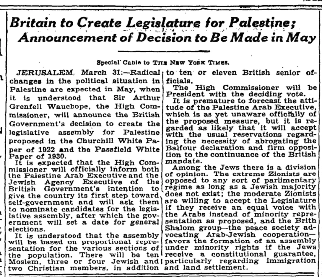 Britain to Create Legislature for Palestine &mdash; The New York Times, 1 April 1932