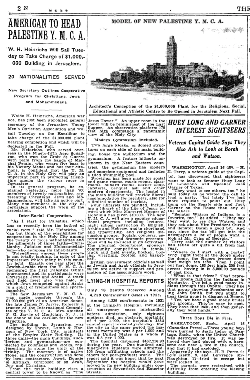 American to Head Palestine Y.M.C.A. &mdash; The New York Times, 17 April 1932