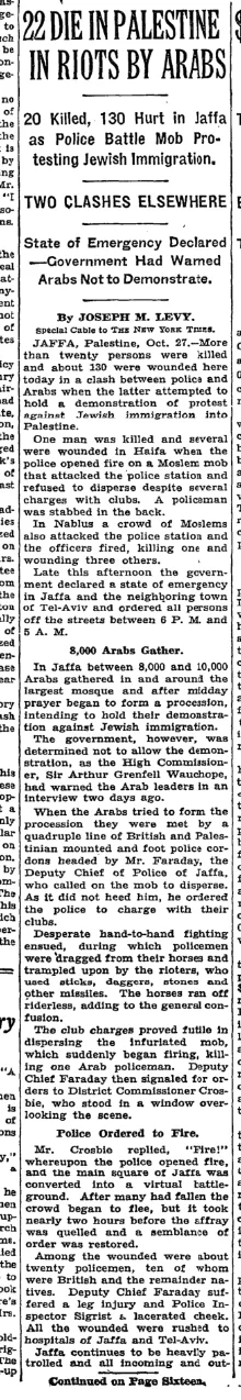 22 Die in Palestine Riots by Arabs — The New York Times, 28 October 1933