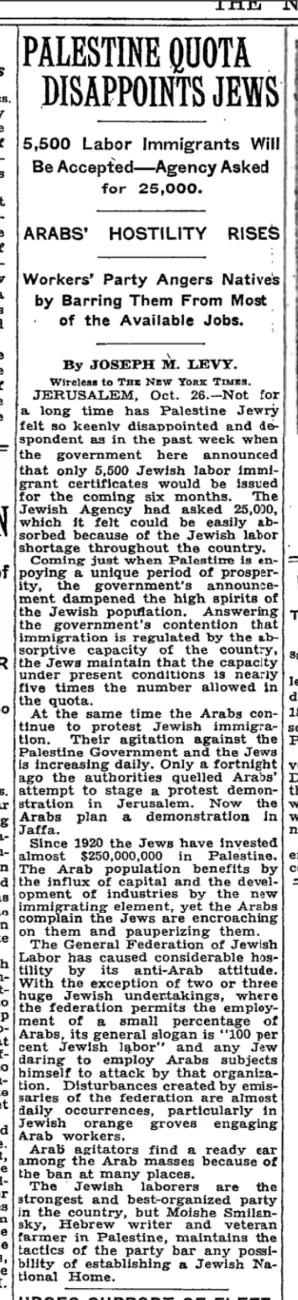 Palestine Quota Disappoints Jews &mdash; The New York Times, 29 October 1933