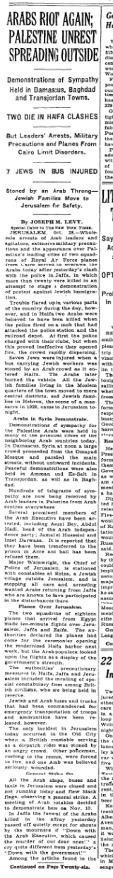 Arabs Riot Again; Palestine Unrest Spreading Outside — The New York Times, 29 October 1933