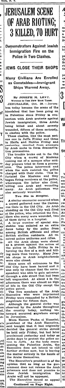 Jerusalem Scene of Arab Rioting; 3 Killed, 70 Hurt &mdash; The New York Times, 30 October 1933