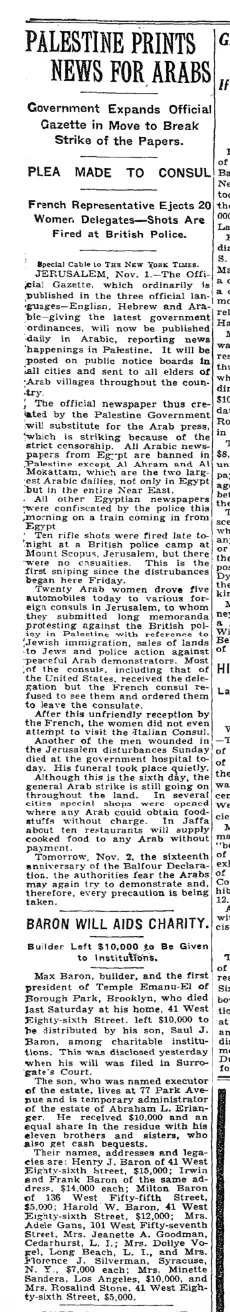Palestine Prints News for Arabs &mdash; The New York Times, 2 November 1933