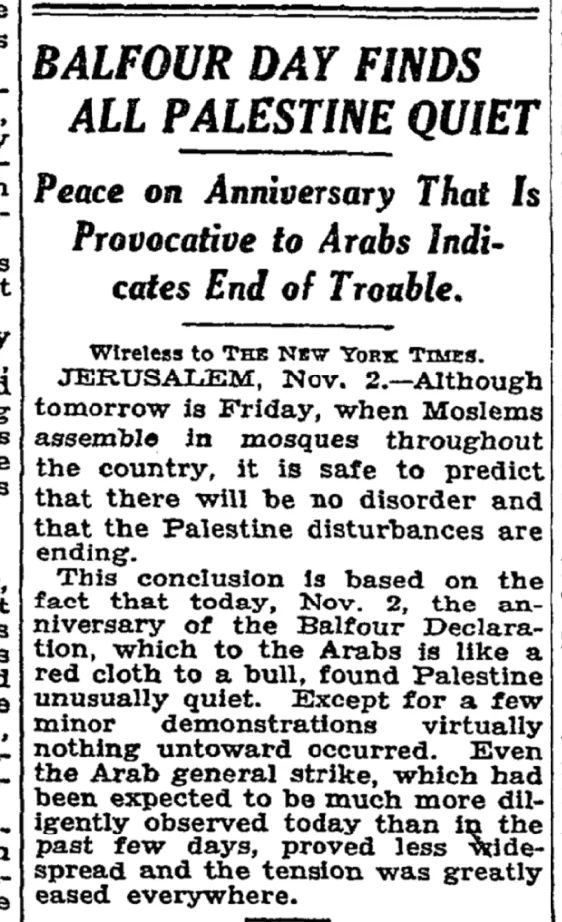 Balfour Day Finds All Palestine Quiet &mdash; The New York Times, 3 November 1933